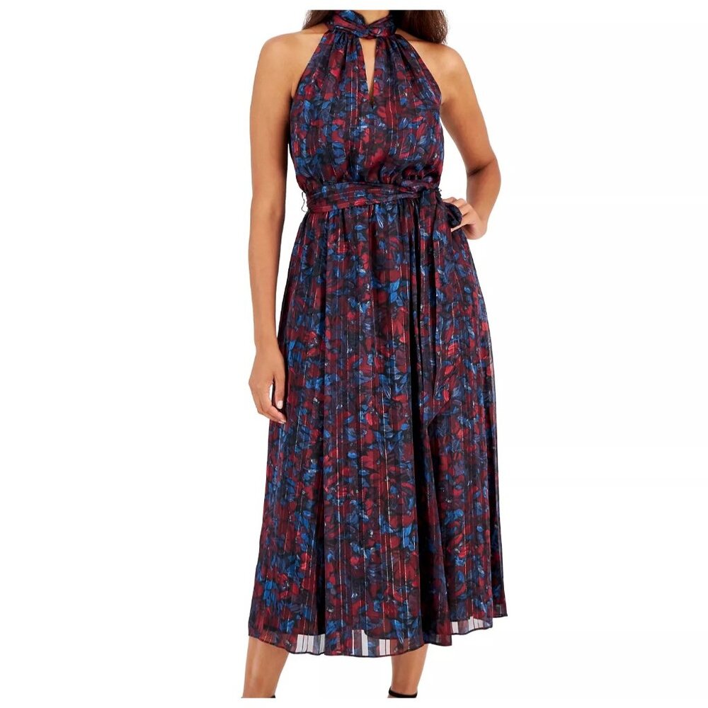 Anne Klein Twist Neck Halter Midi Dress Womens 16 W Red Blue Floral Metallic NWT